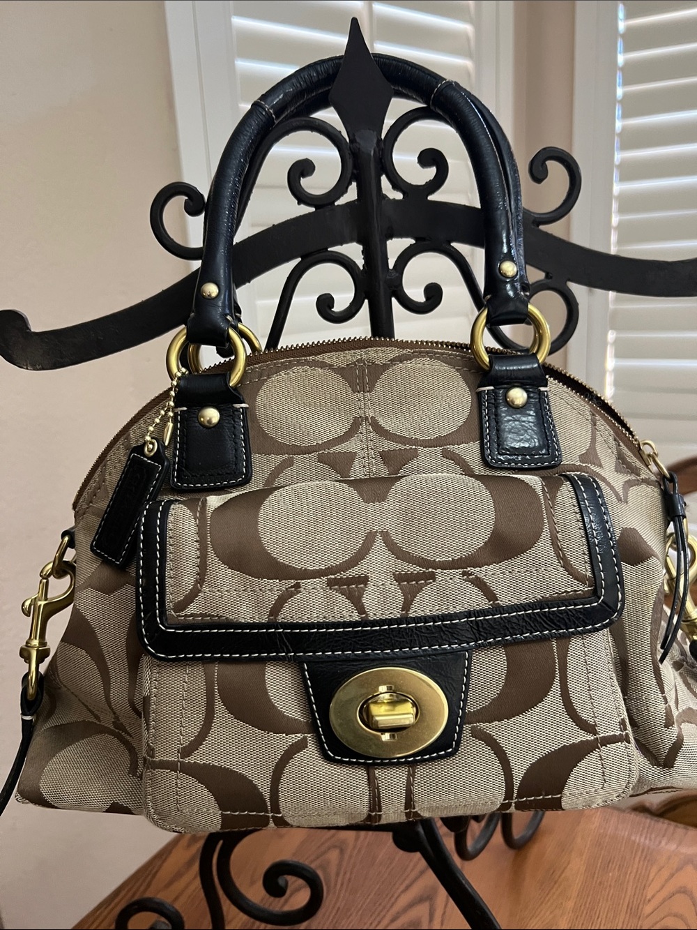 Coach Beige and Dark Brown Signature Canvas Satchel with Gold Hardware